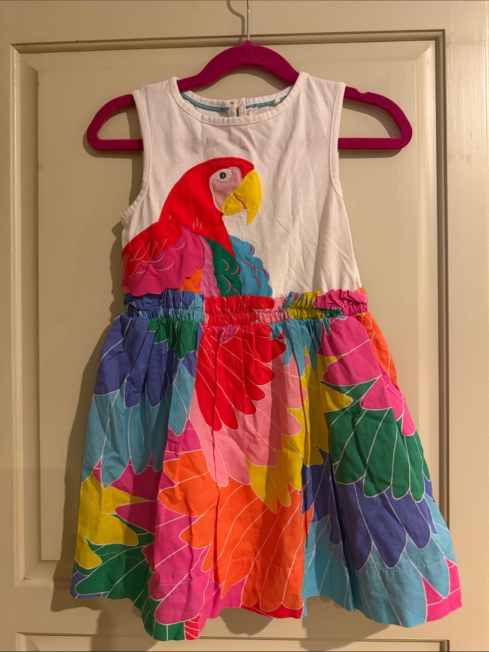 Mini Boden Girls' White Parrot Print Multicolor Dress